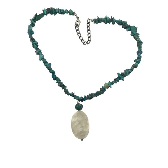 Turquoise Chip Necklace Mother Of Pearl Shell Pendant Boho Southwestern - Picture 2 of 12